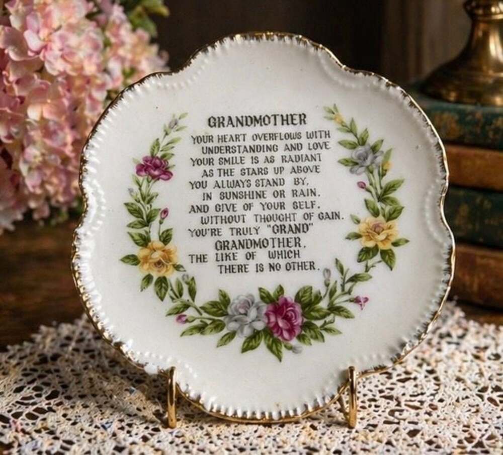 Vintage Porcelain Grandmother Poem Decorative Plate with Floral Wreath Gold Trim